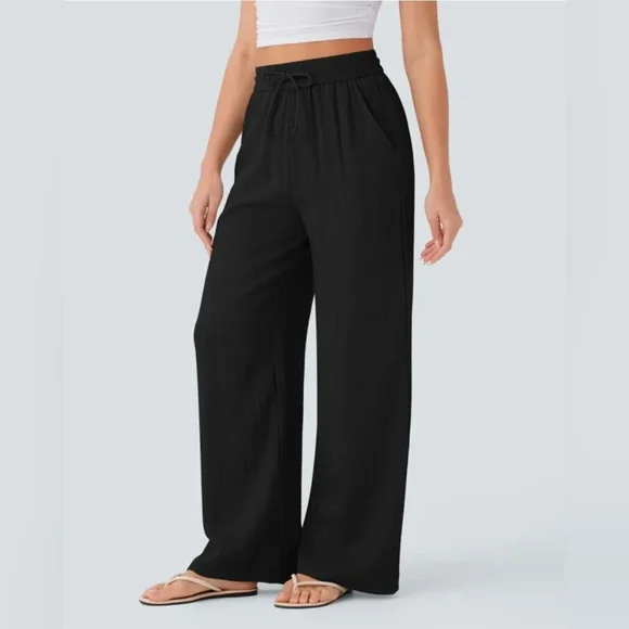 Halara High Waisted Drawstring Wide Leg Casual Linen-Feel Pants "L" - Picture 4 of 10
